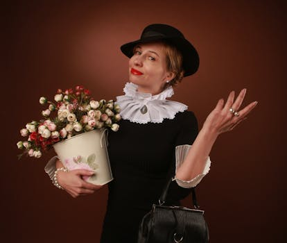 Portrait of a stylish woman in fedora holding roses and handbag, studio setting.